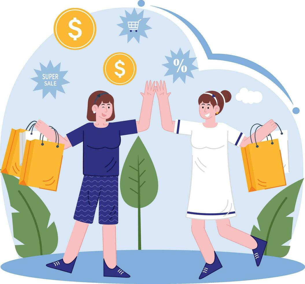 Girls Done Shopping Illustration vector