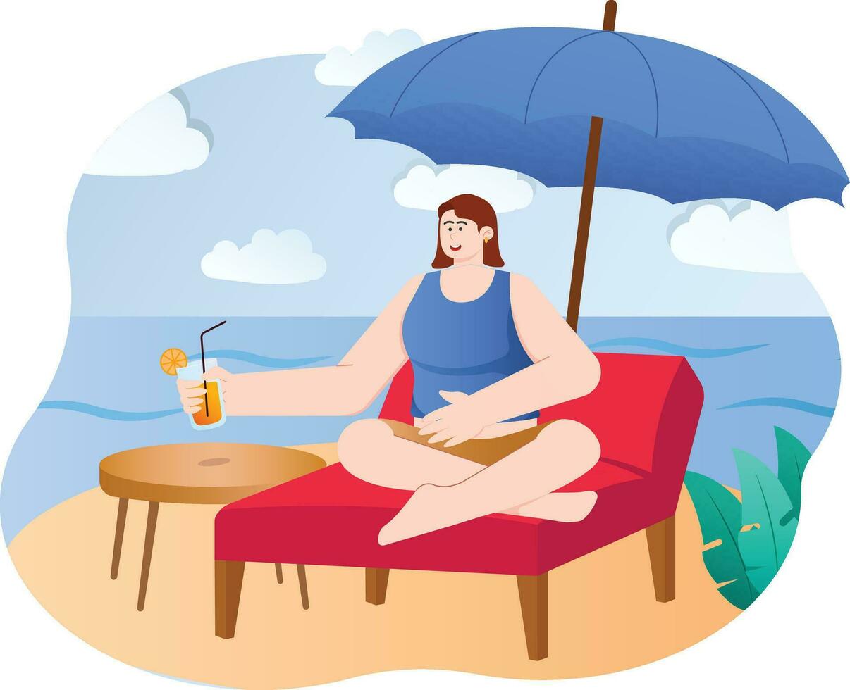 A Woman Enjoying Summer Holidays At The Beach Illustration vector
