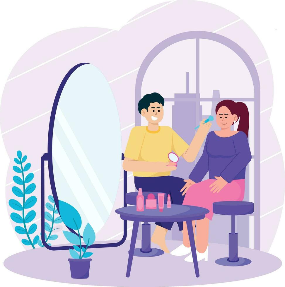 Professional Makeup Artist Doing Makeup On Woman Illustration vector