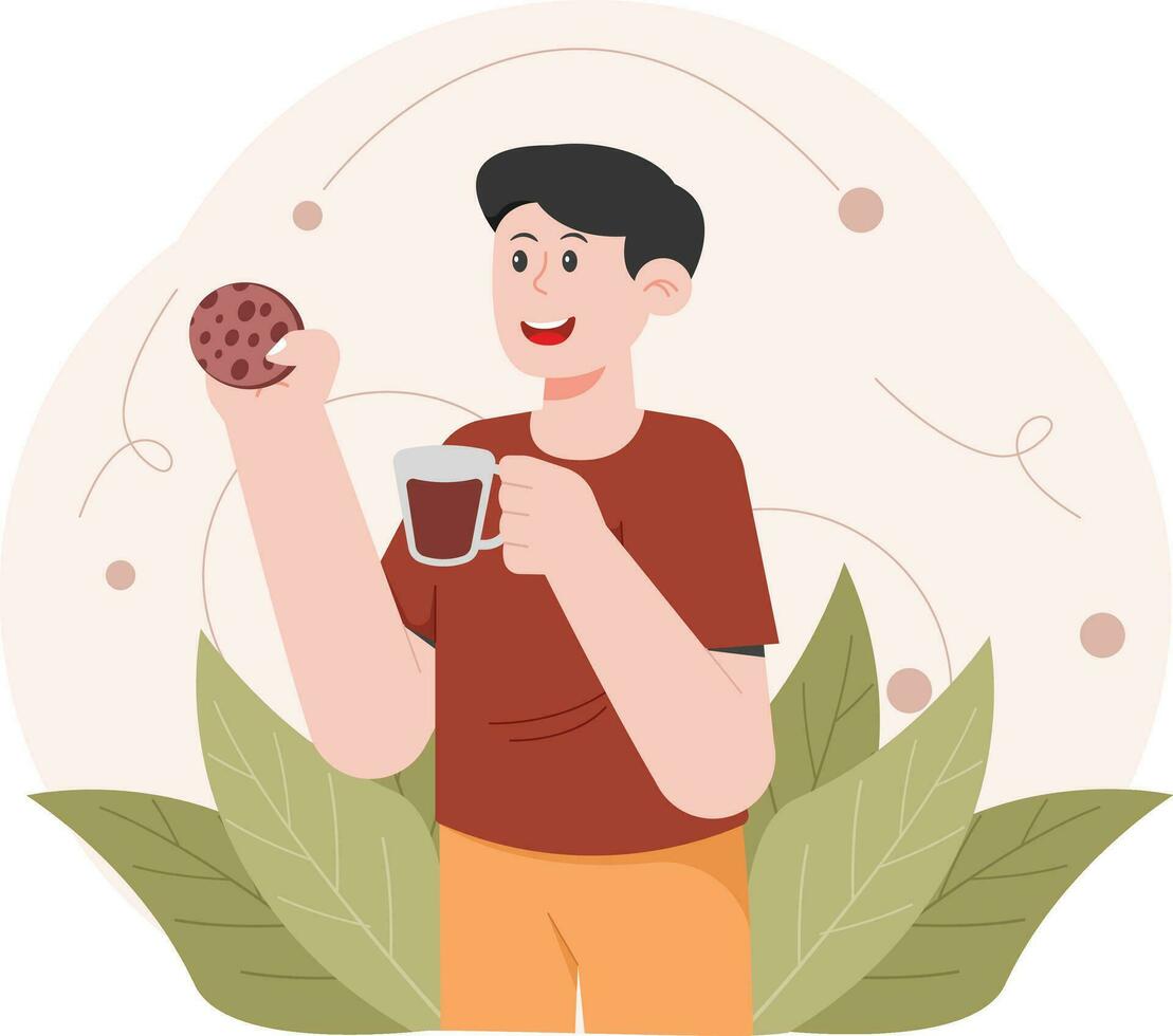 Man Enjoying Chocolate Cake And Hot Chocolate Illustration vector