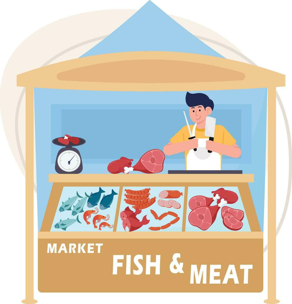 carne y pescado vendedor ilustración vector