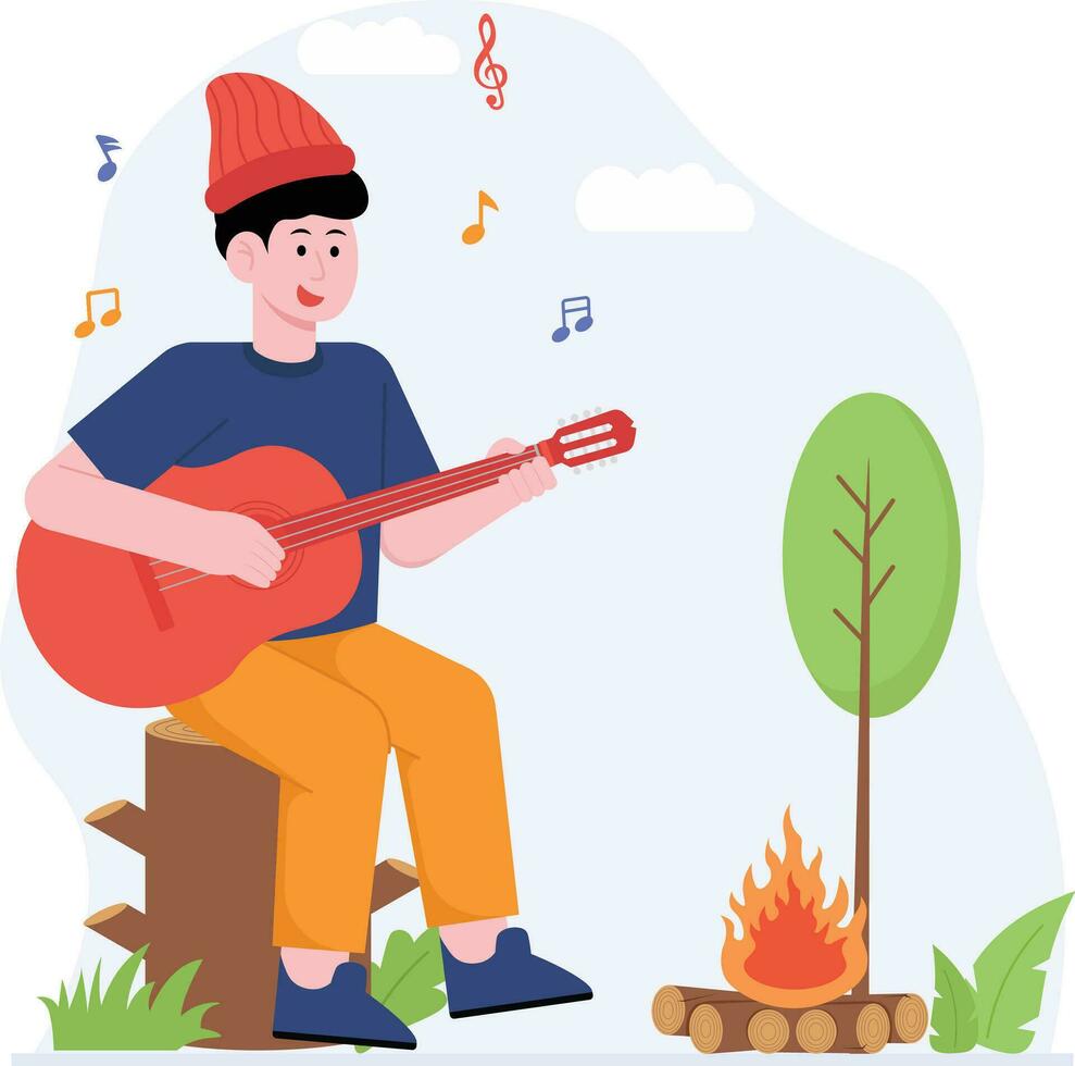 hombre jugando guitarra a acampar ilustración vector