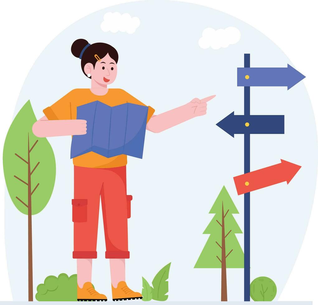 Woman Looking At Map Towards Camping Direction Illustration vector