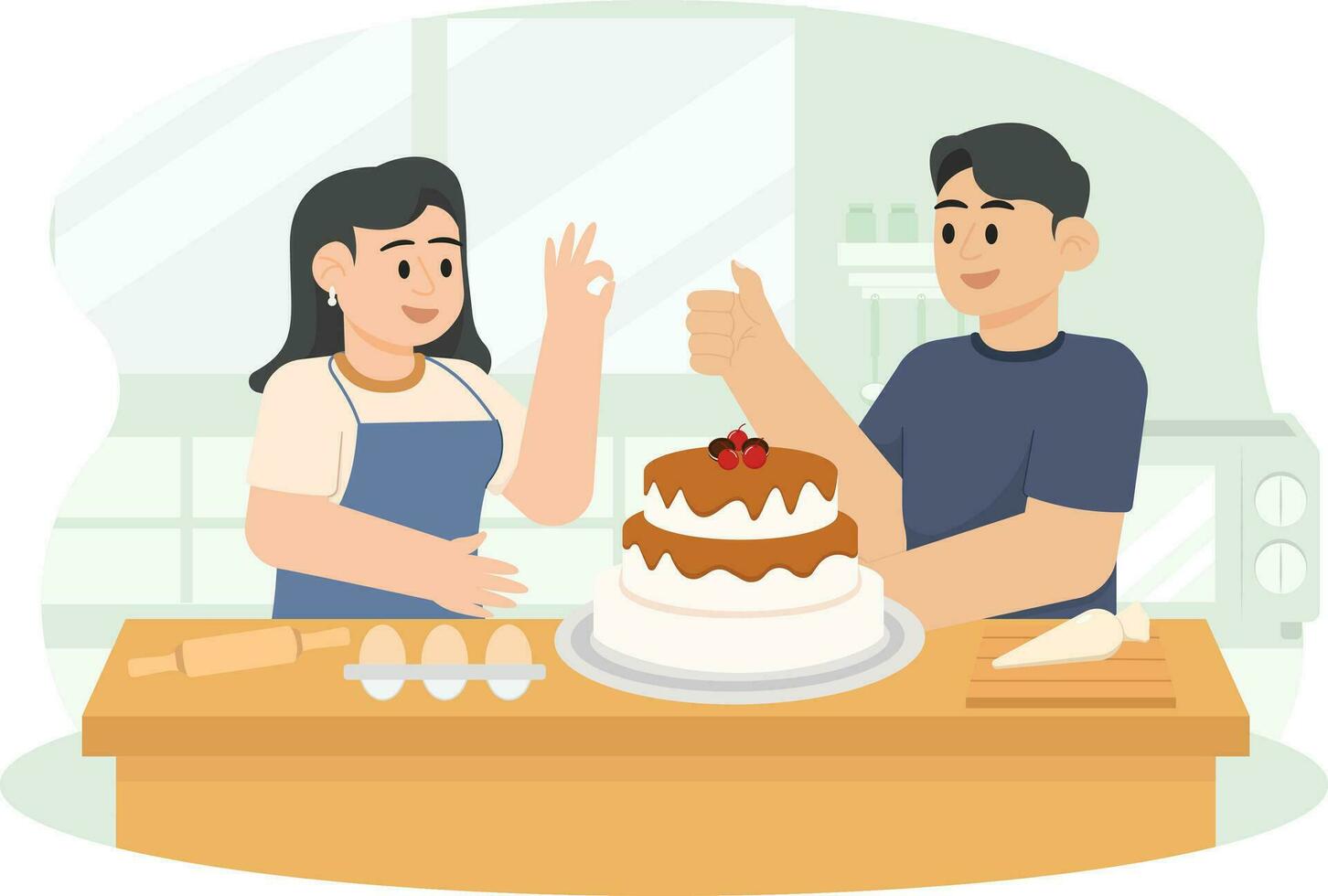 A Man and a Woman Finished Baking a Cake Illustration vector