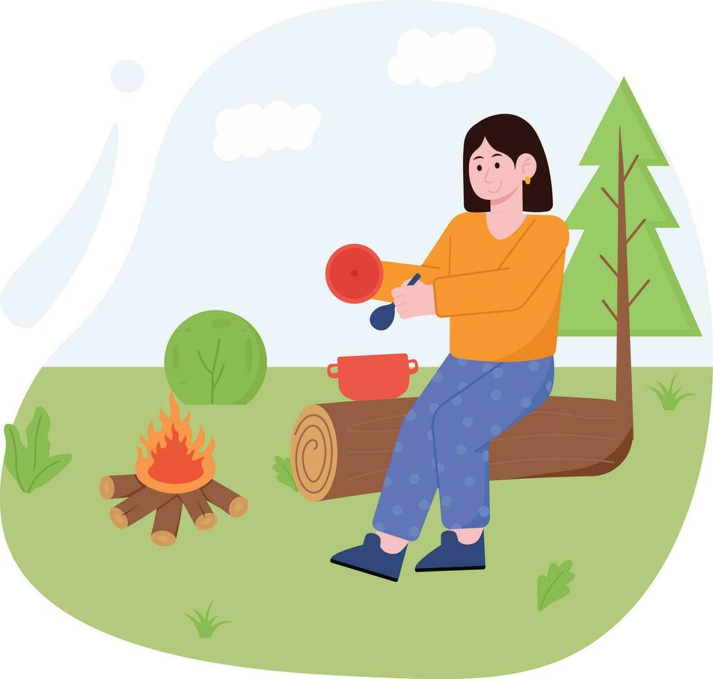 Woman Cooking Food At Camp Illustration vector