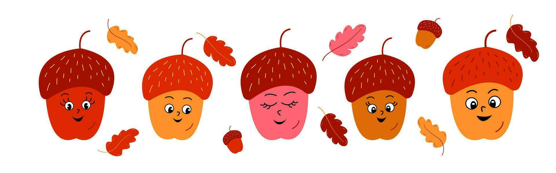 Acorn Autumn character in autumn colours isoleted on white background. Flat cartoon illustration vector