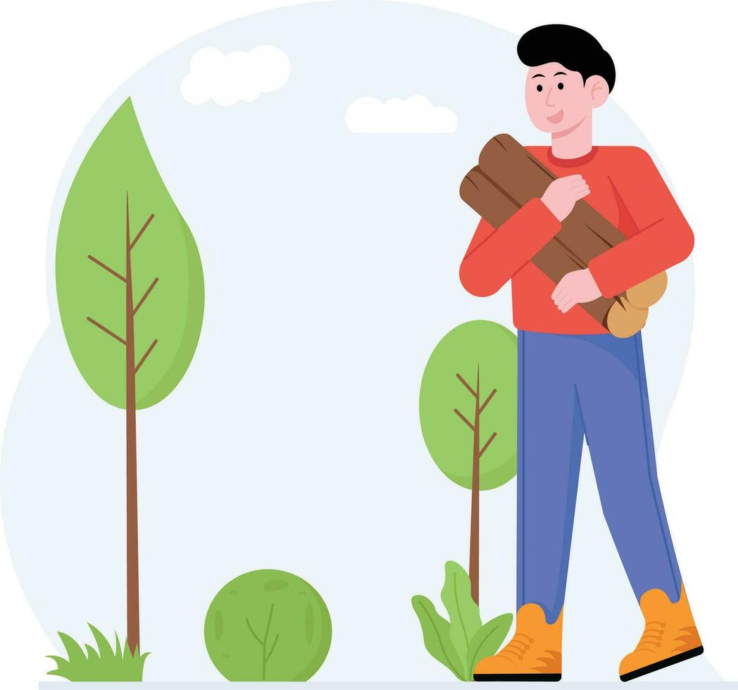 Man Carrying Firewood For Camping Illustration vector