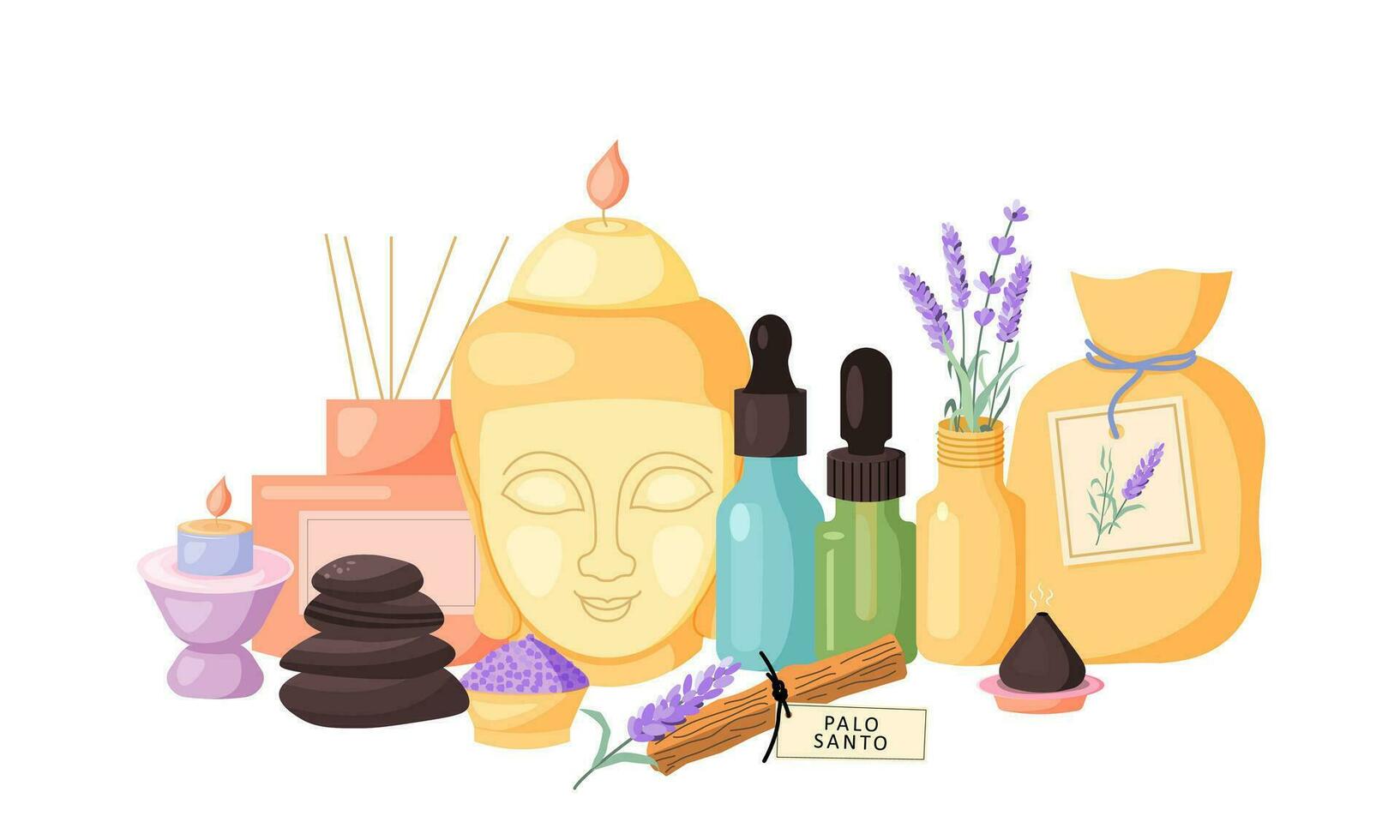 Composition with aromatherapy accessories with essential oils. Candle Buddha, essential oil, diffusor, salt, palo santo, stones and lavender vector