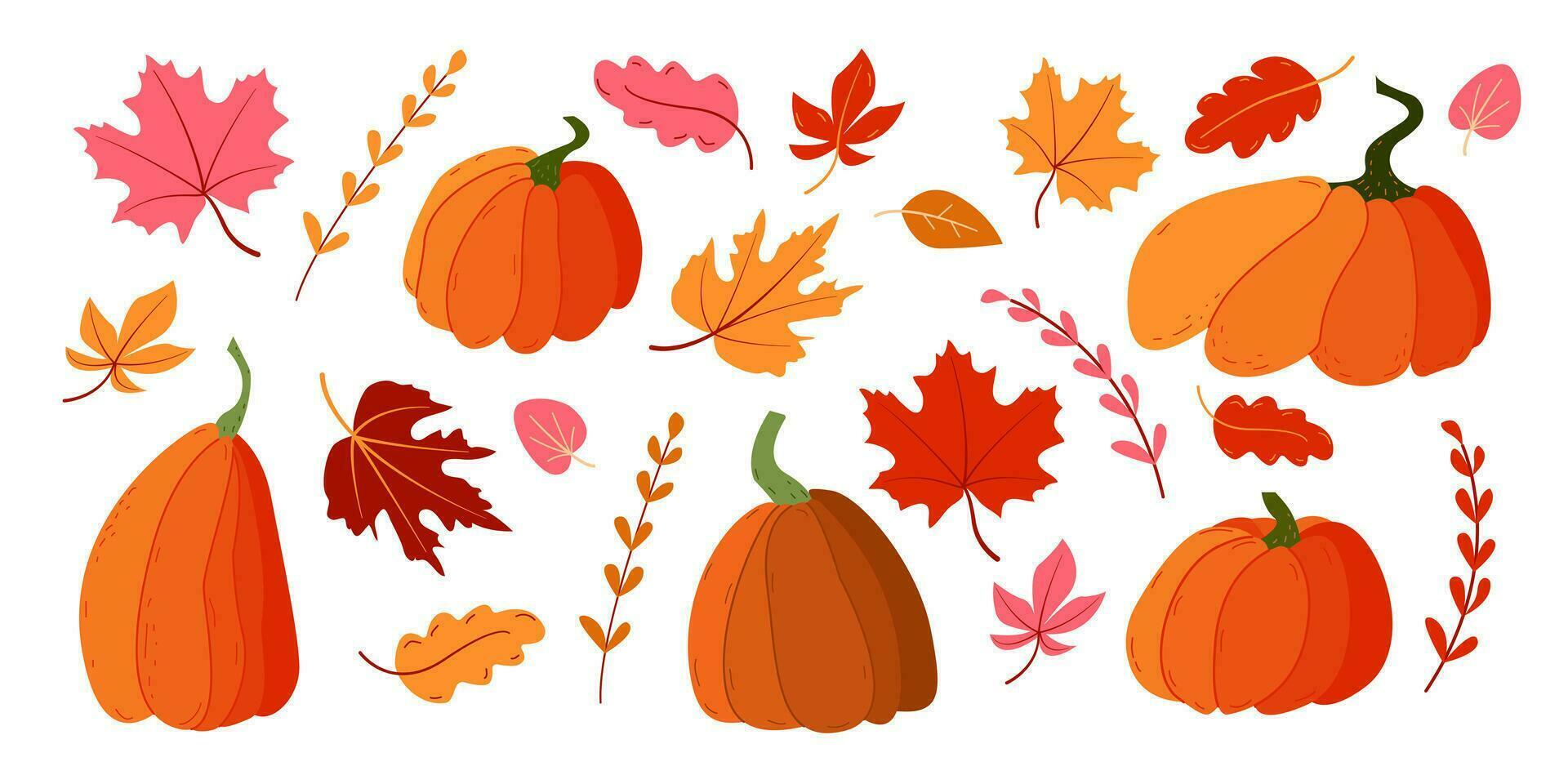 Set of autumn leaves and pumpkins in flat style vector