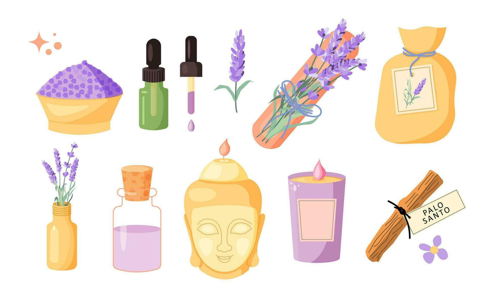 vector velas y aromaterapia herramientas y lavanda colocar. lavanda, sal, aceite, palo santo y vela Buda