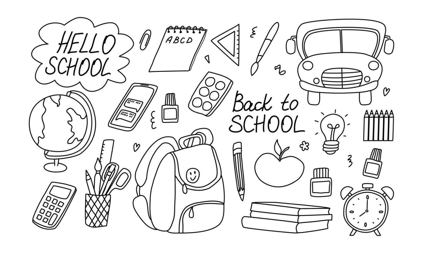 Back to School doodle set. Various school stuff - supplies for art, reading, science, geography, mathematics vector