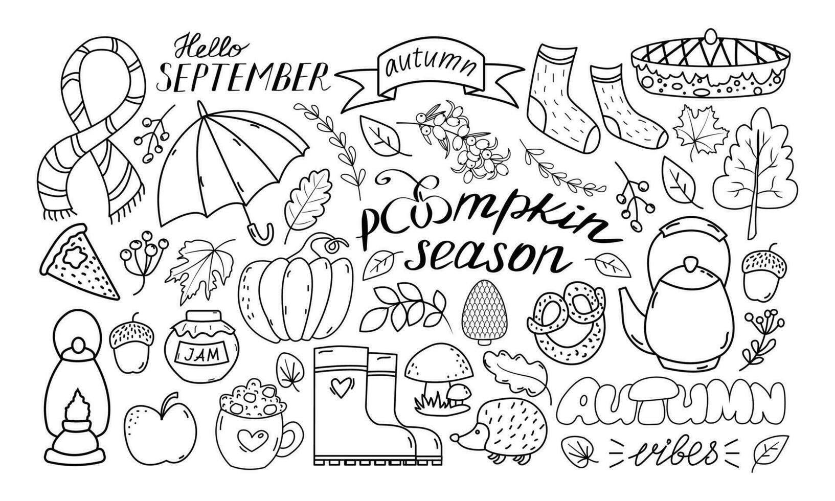 Autumn set, hand drawn elements doodle style - calligraphy, fall leaves, umbrella, pumpkin. vector