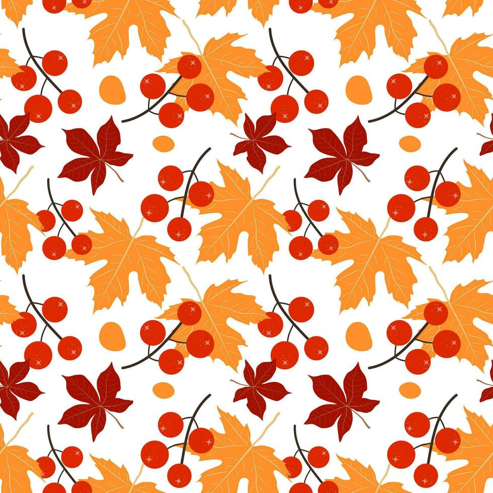 Maple leaves berries seamless pattern, flat design template. Autumn background vector