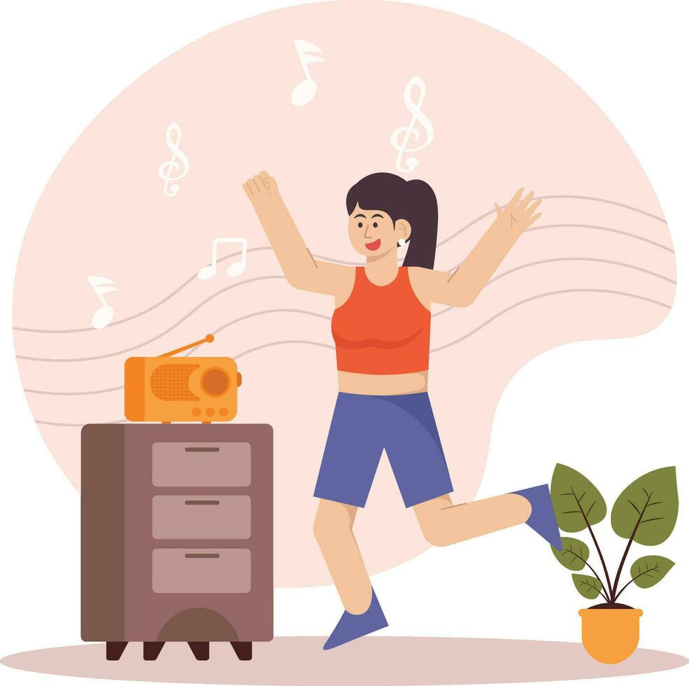 Woman Listening to Music On The Radio While Dancing Illustration vector