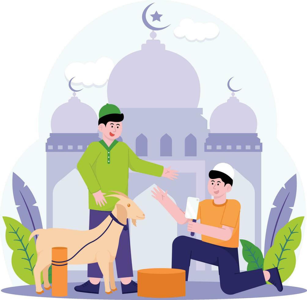 musulmán hombre yendo a realizar qurban en eid al-adha ilustración vector