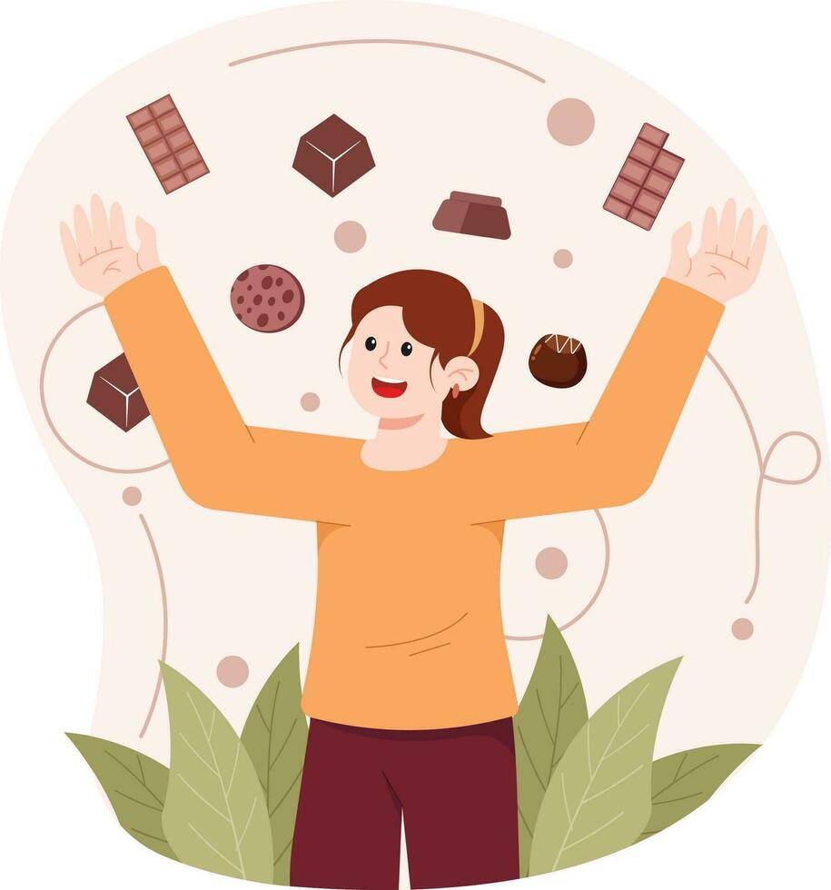 Woman Celebrating Chocolate Rain And Cake Illustration vector