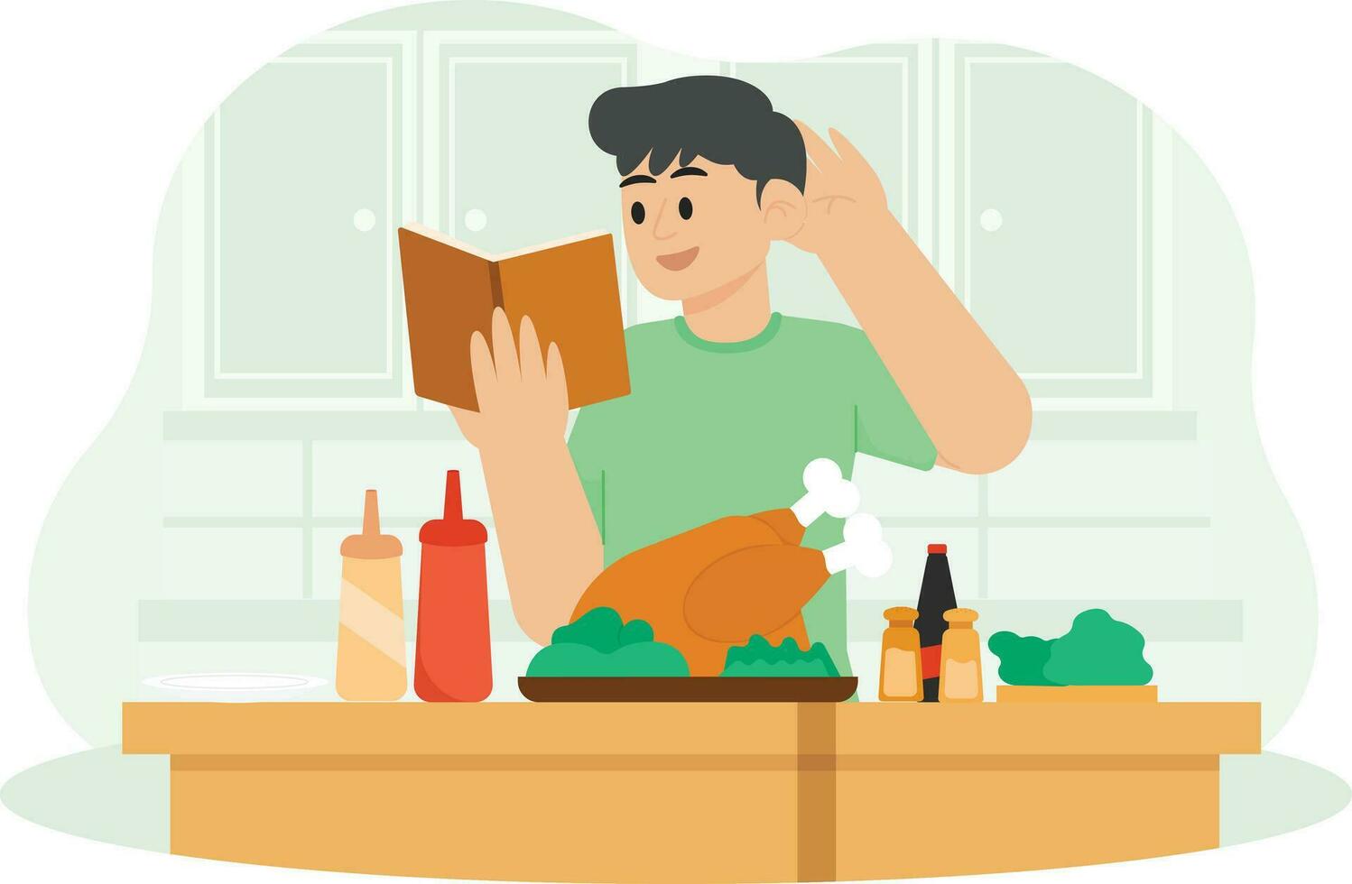 A Man Who Is Cooking Chicken With A Recipe Book Guide Illustration vector