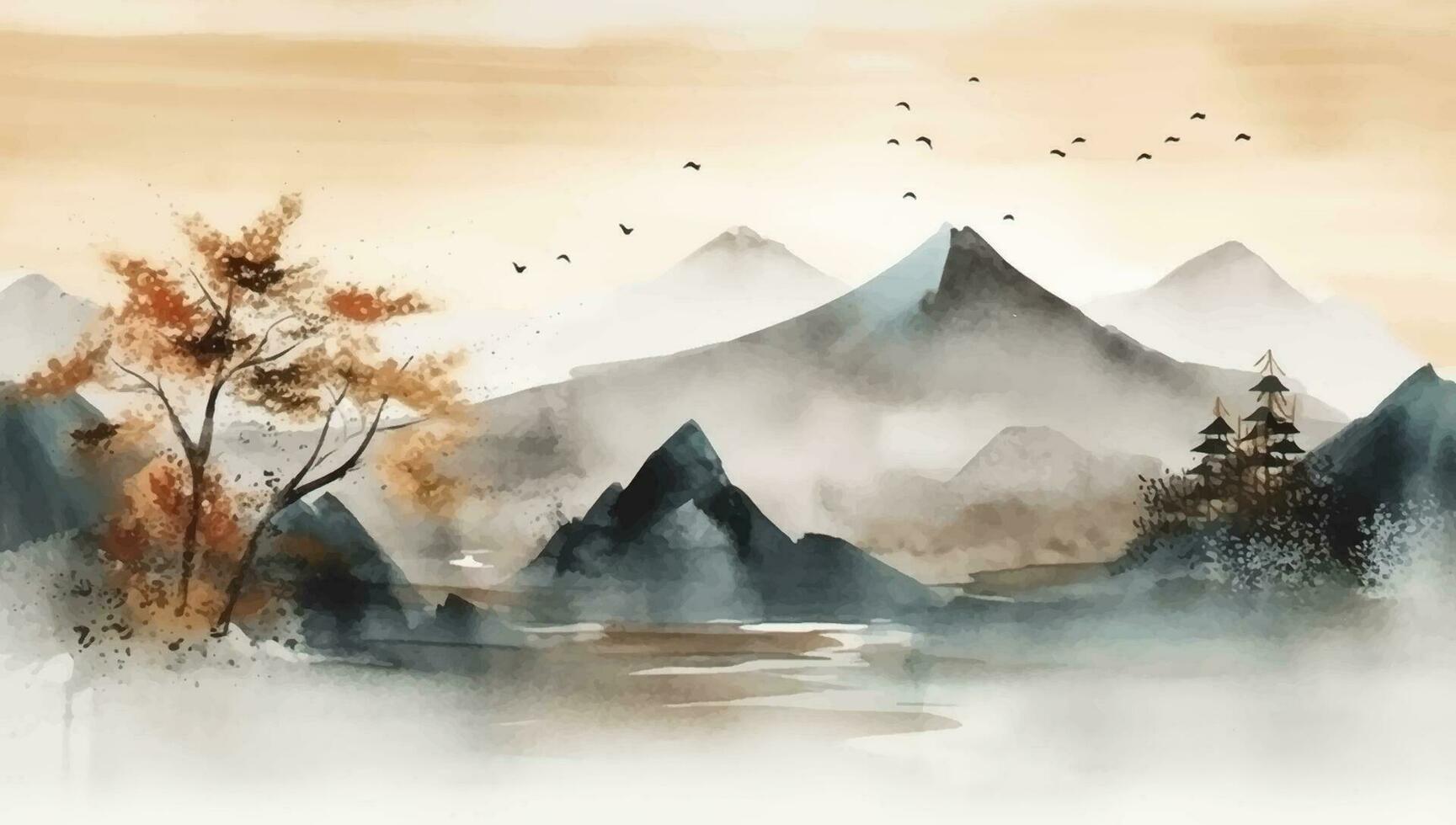 abstract hand painted watercolour Japanese themed landscape vector