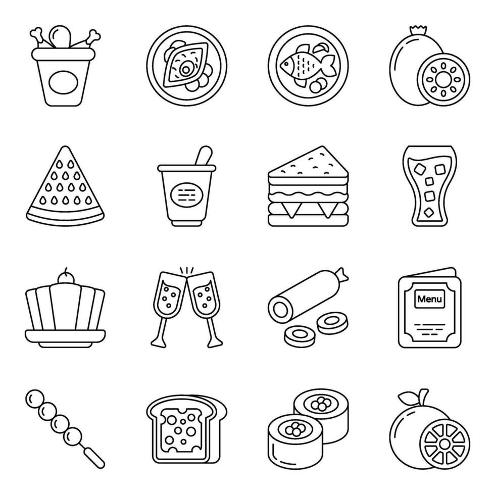 paquete de comida y comestible lineal íconos vector
