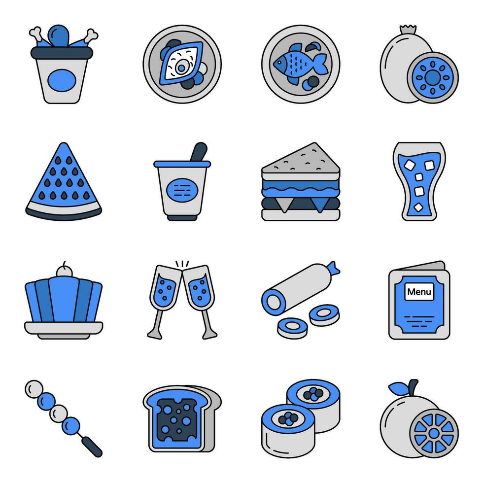 paquete de alimentos e iconos planos comestibles vector