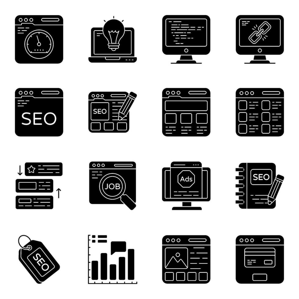 Pack of Search Engine Optimization Solid Icons vector