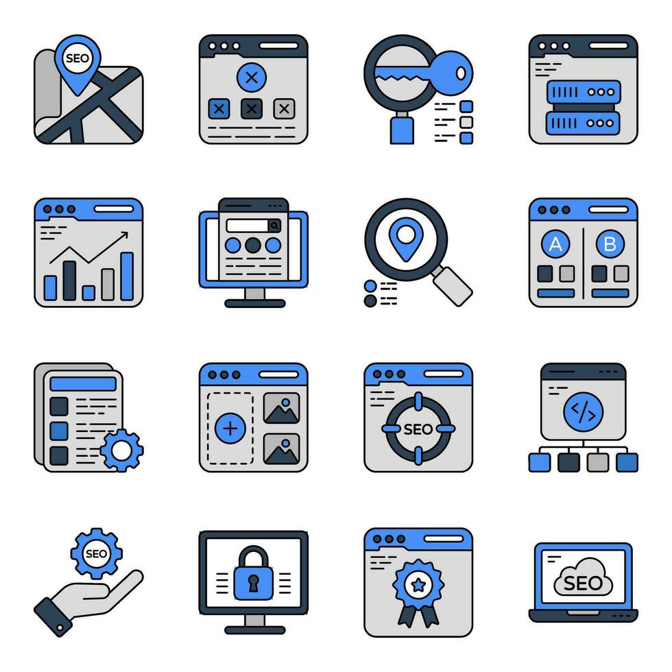 Pack of Web and Seo Flat Outline Icons vector