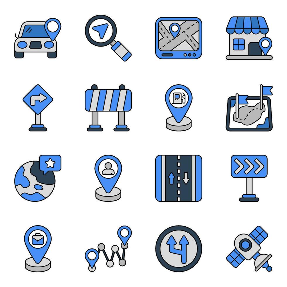 paquete de iconos planos de mapa y navegación vector