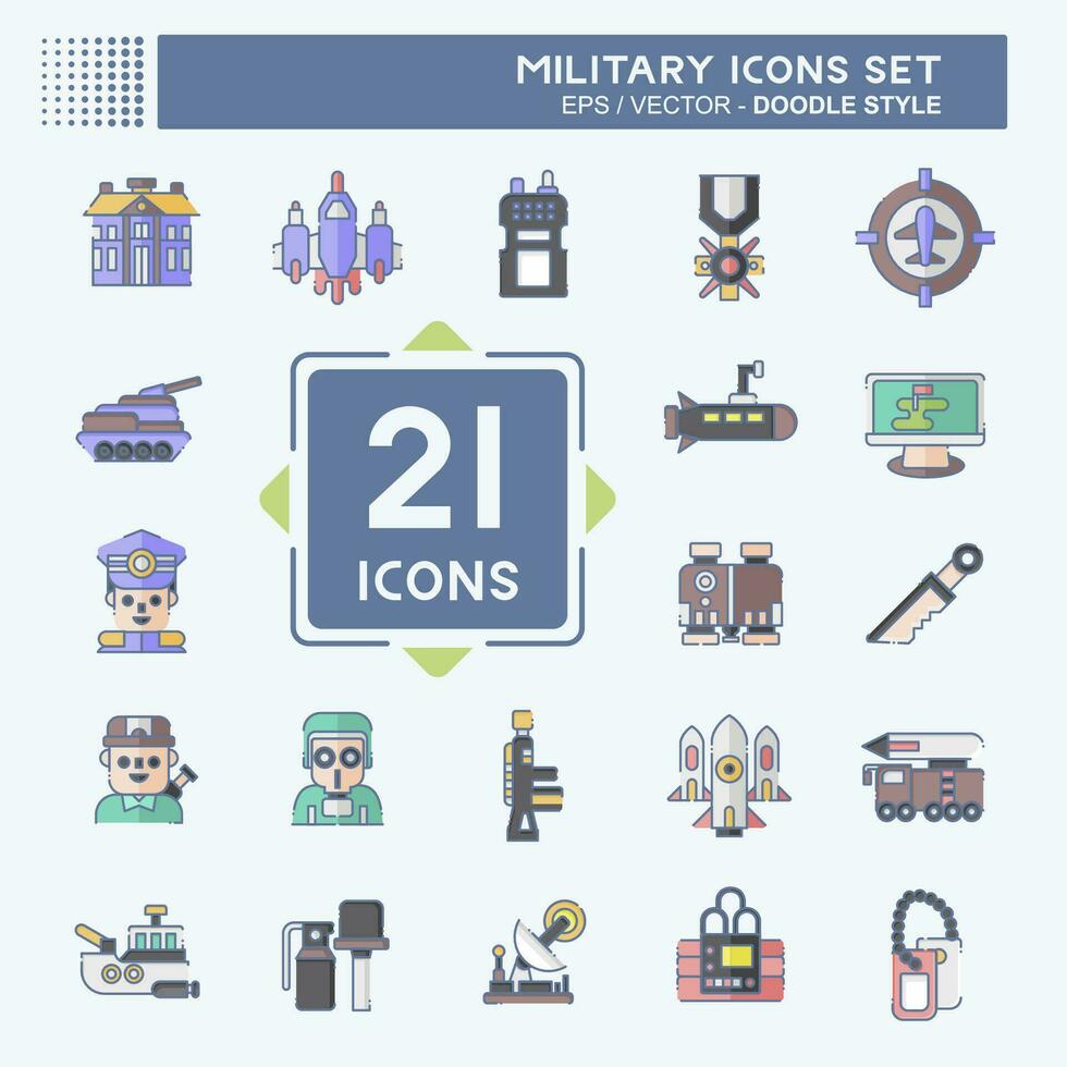 icono conjunto militar. relacionado a Ejército símbolo. garabatear estilo. sencillo diseño editable. sencillo ilustración vector