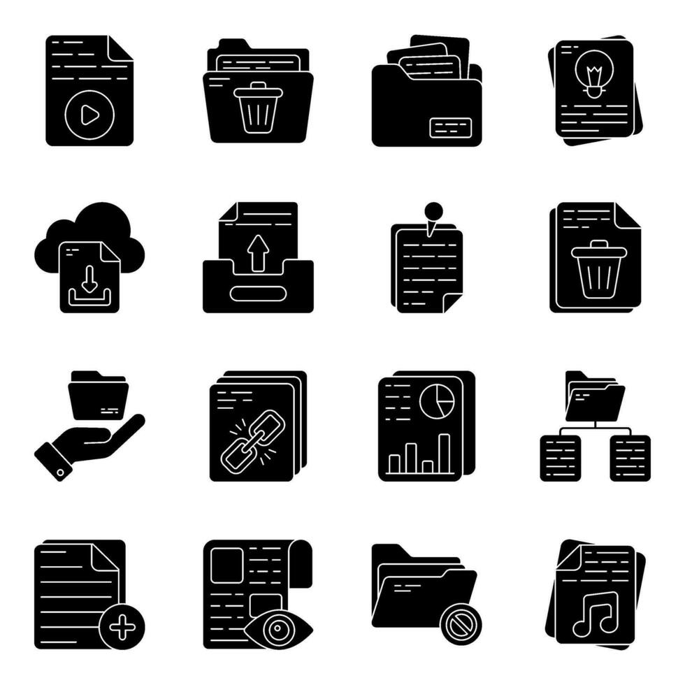 Pack of Files and Folders Solid Icons vector