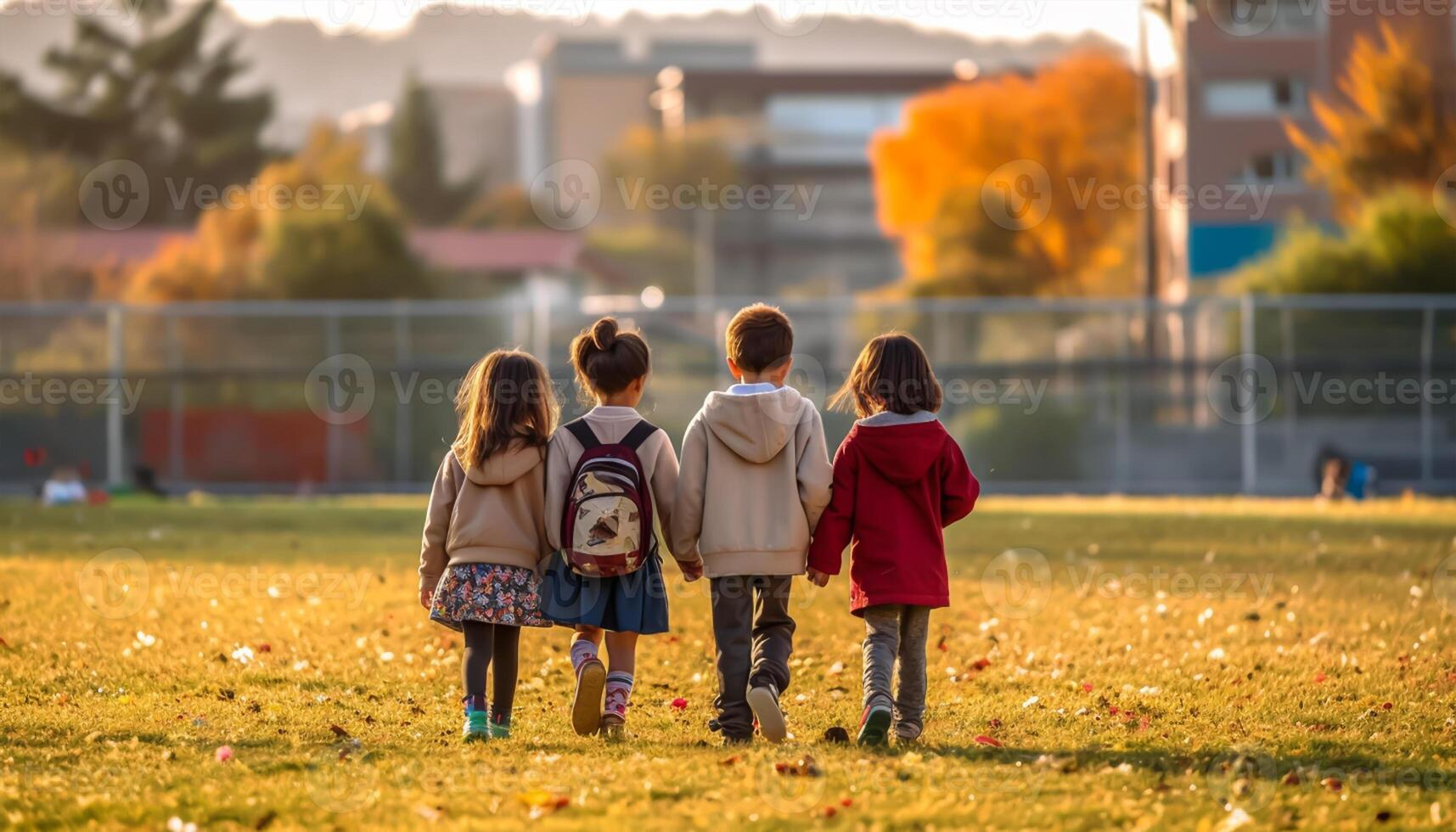 Back to school concept. School kids with backpacks going to school, photo