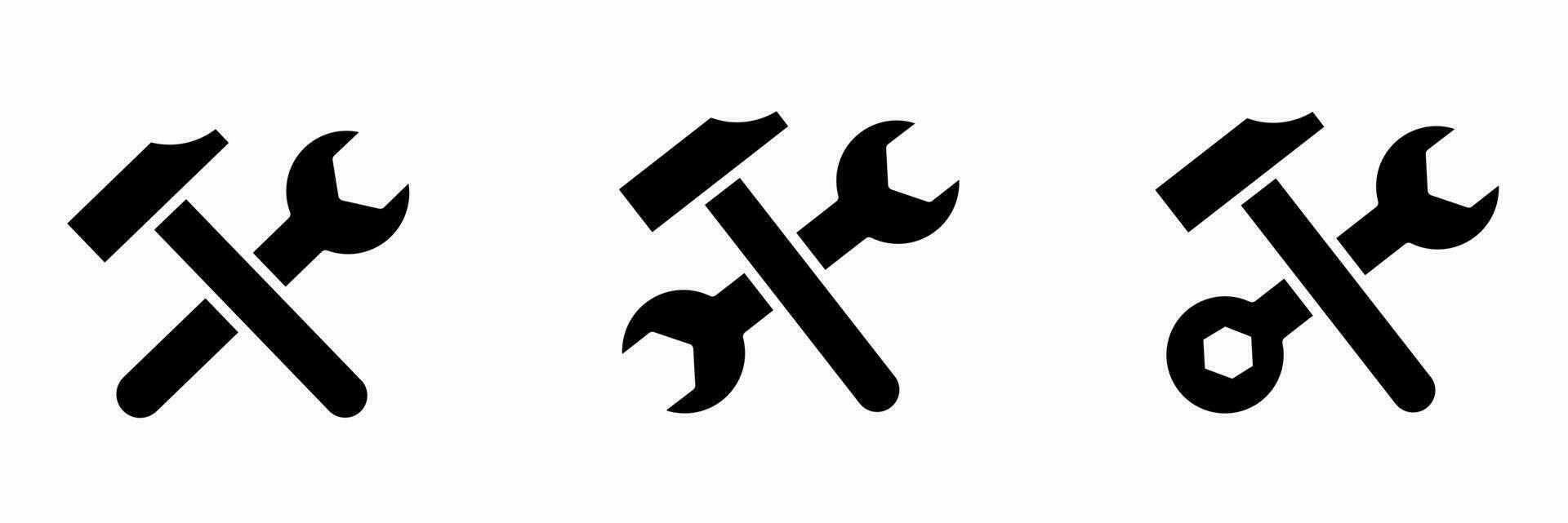 Hammer, wrench icon set. Hammer and wrench black and white illustration. Stock vector. vector