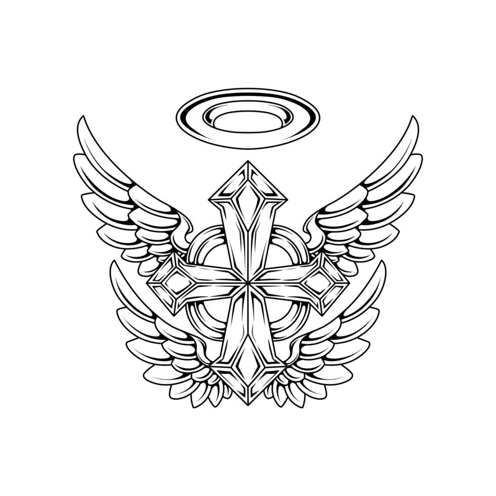 Vector cross with angel wings tribal tattoo