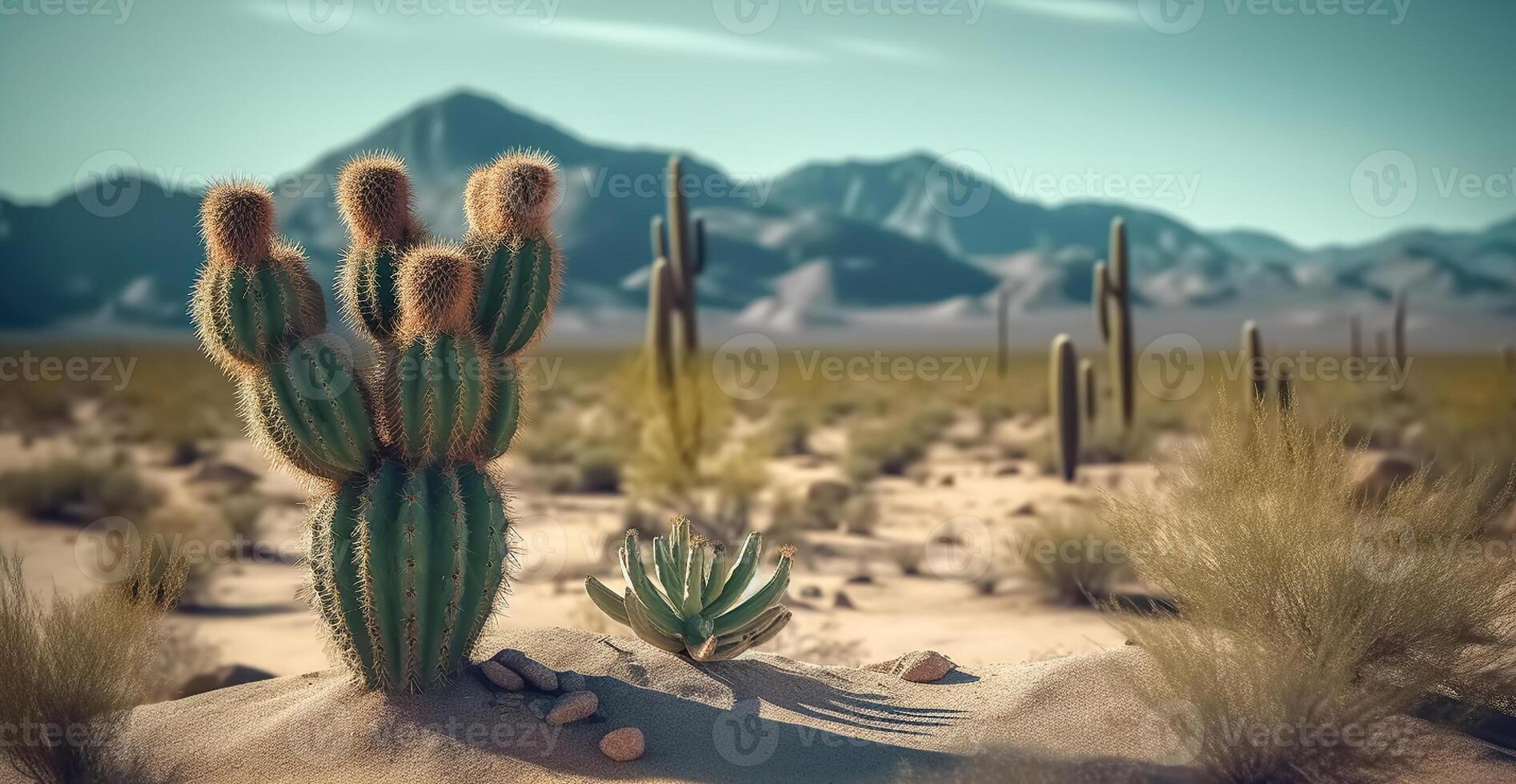 A desert scene with a cactus and mountains in the background. photo