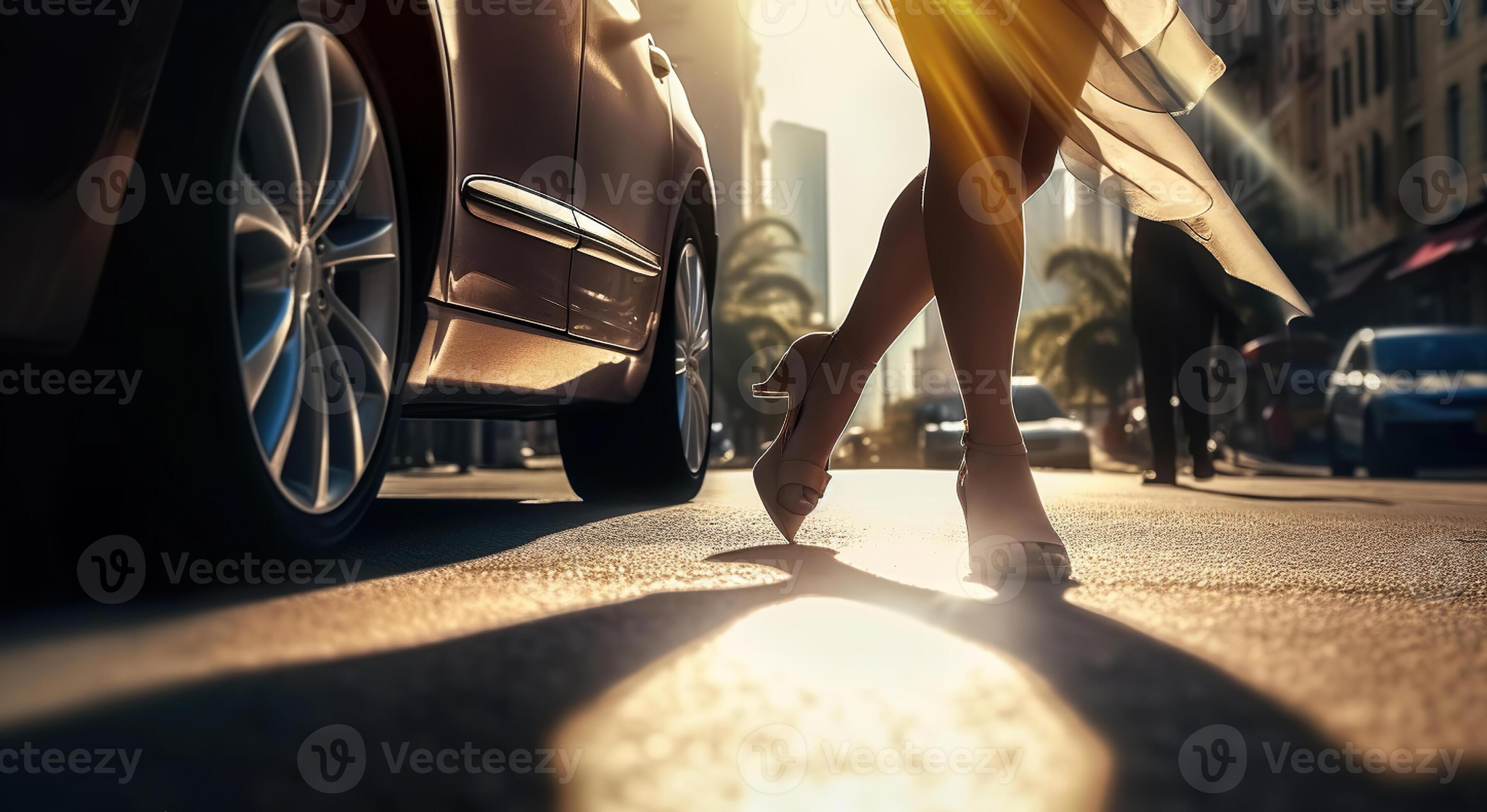 Female feet high heels running on sunny city street among cars and people  silhouettes, Beautiful woman high heels on street. Generative AI 25398222  Stock Photo at Vecteezy