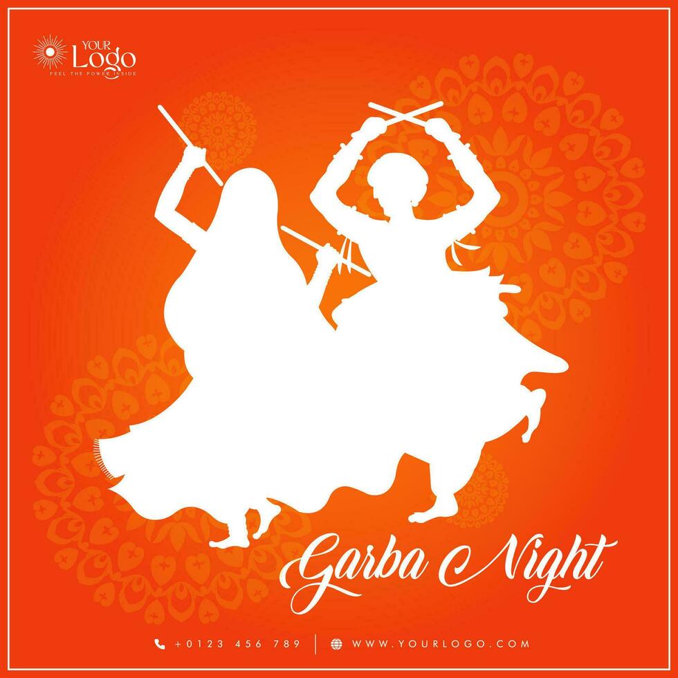 beautiful silhouette of people performing garba dance celebration card background vector