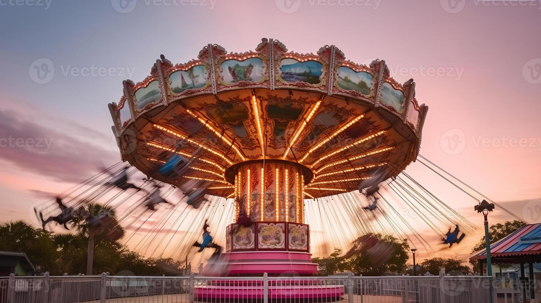 girando en puesta de sol matices, el fascinante vuelo de un rosado carrusel conducir. generativo ai foto