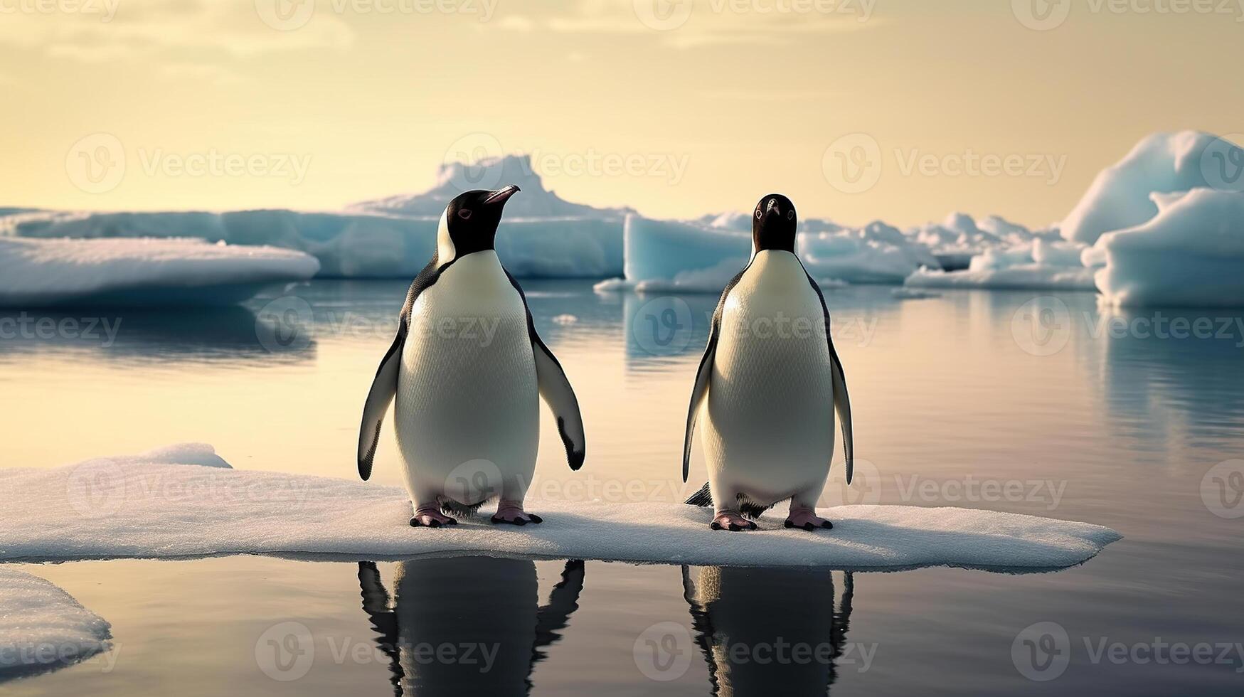 Two penguins stand on melting ice in Arctic Ocean global warming concept, world global planet climate change. Two cute emperor penguins confused by ice melting. photo