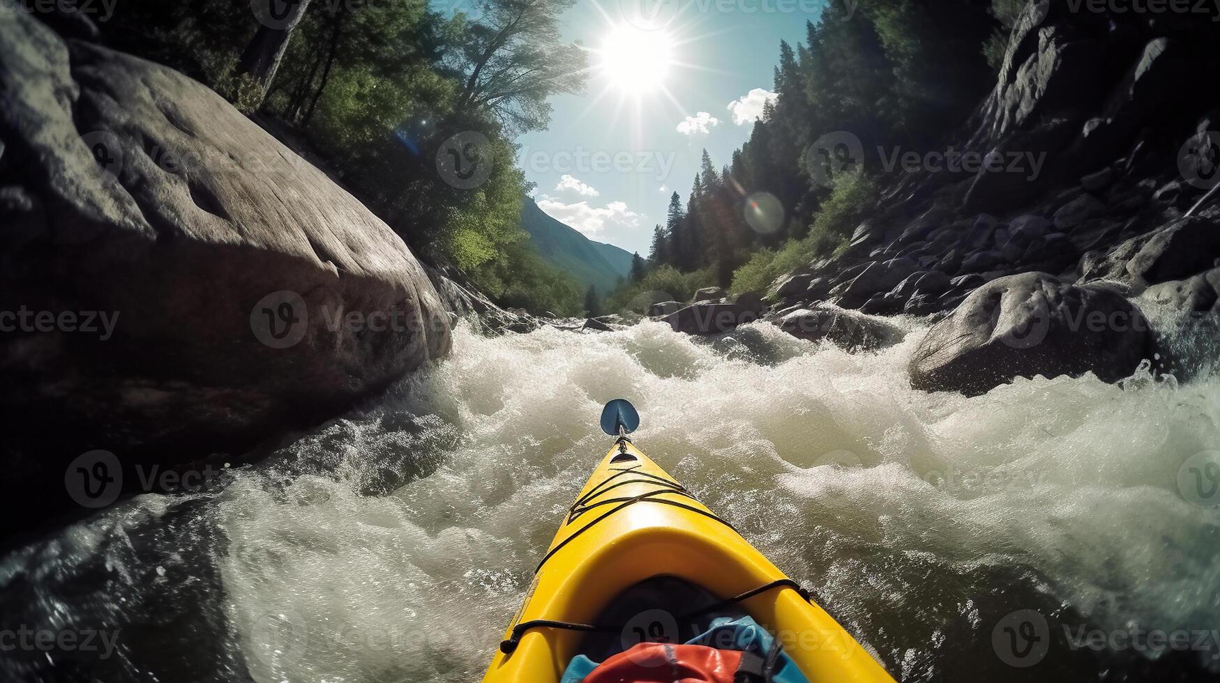 kayak en agua Blanca rápidos de montañas río, extremo agua deporte a al aire libre naturaleza, generativo ai foto