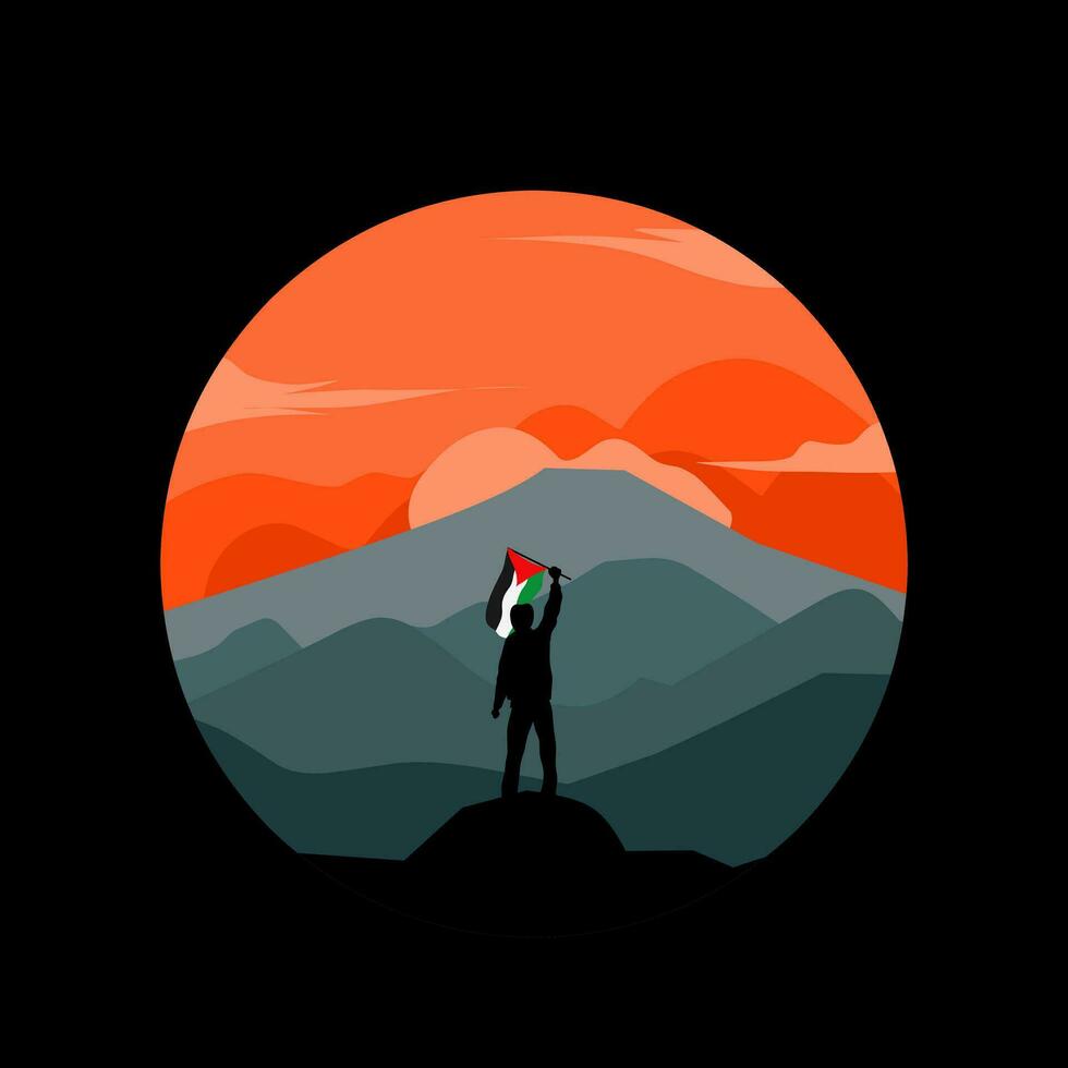 illustration vector of man hold palestine flag in nature,perfect for free palestine campaign