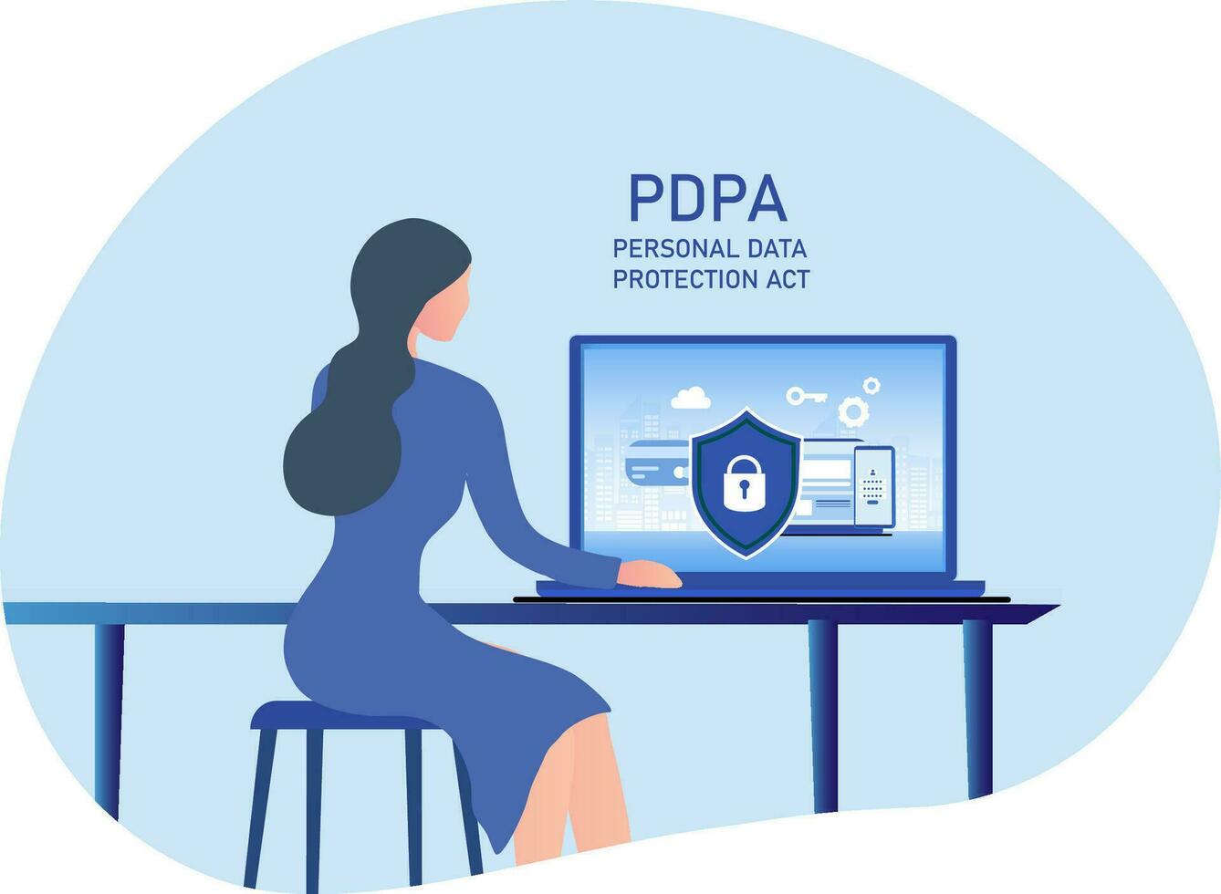 Cyber security and data protection privacy, PDPA Businesswoman secure data management and protect data from hacker attacks and padlock icon to internet technology networking vector illustration