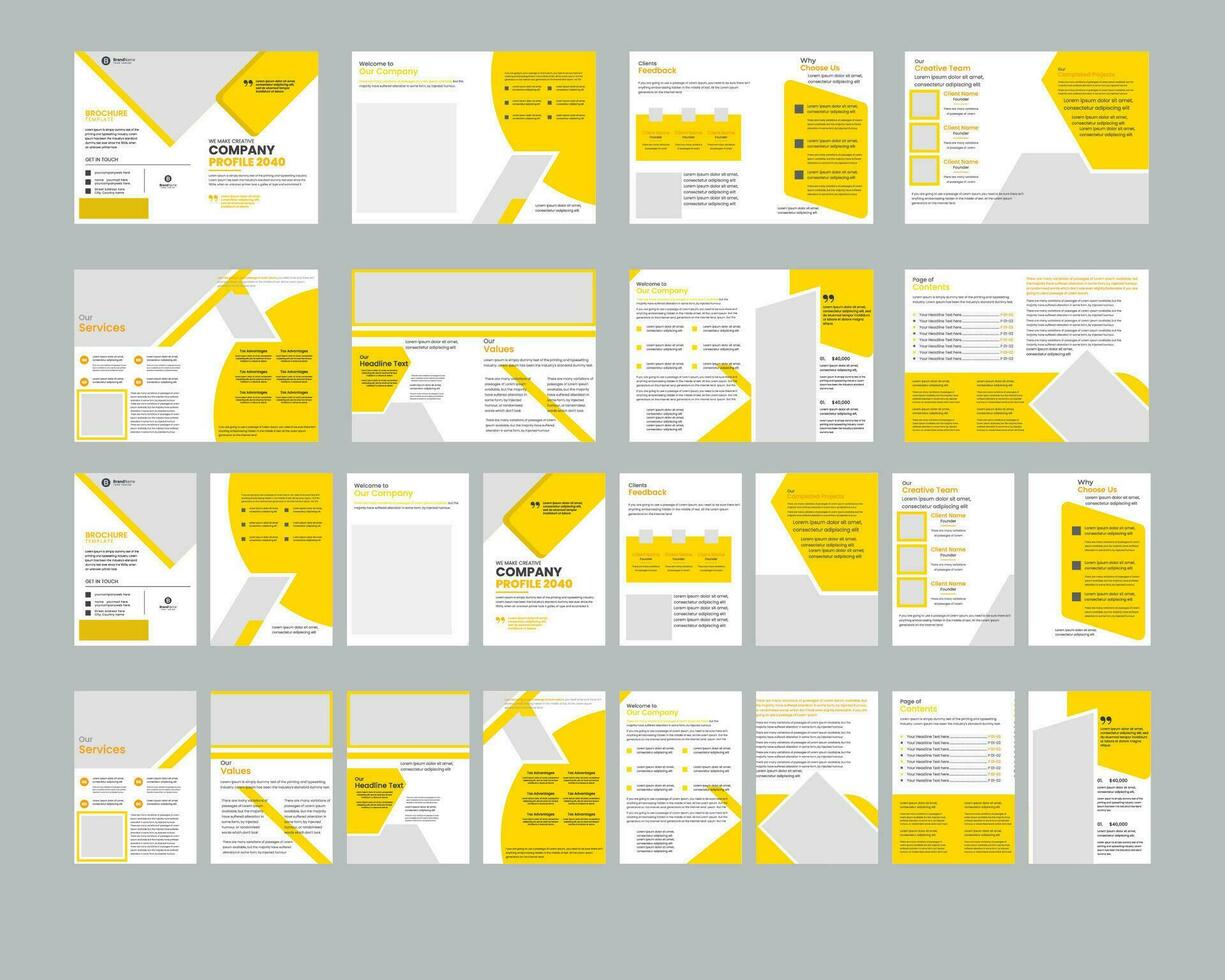 conjunto de amarillo folleto, empresa perfil, volantes colocar, portafolio, negocio libro, revista, presentación, corporativo, anual informe, póster, diseño plantillas vector