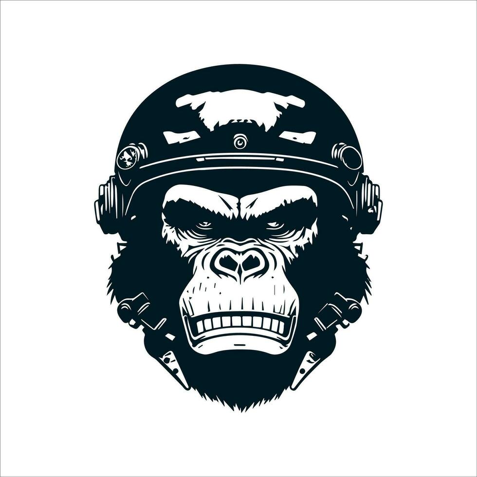 Silhouette of an angry ape wearing military head protection. Illustration of an ape with a protective helmet vector
