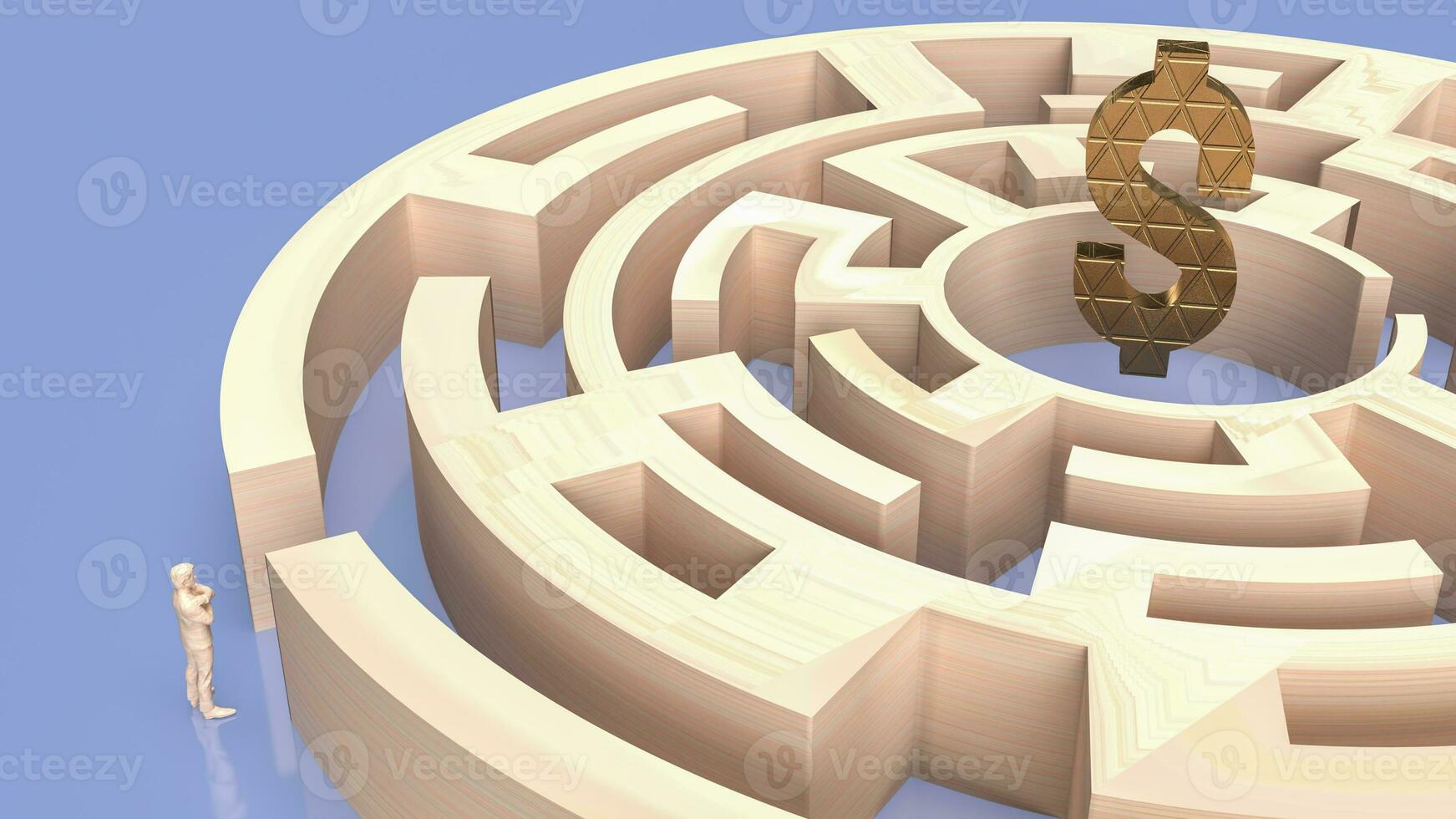 The man and maze to gold dollar symbol 3d rendering photo