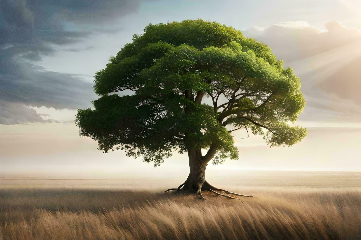 tree sunset in field with mountain and cloud photo