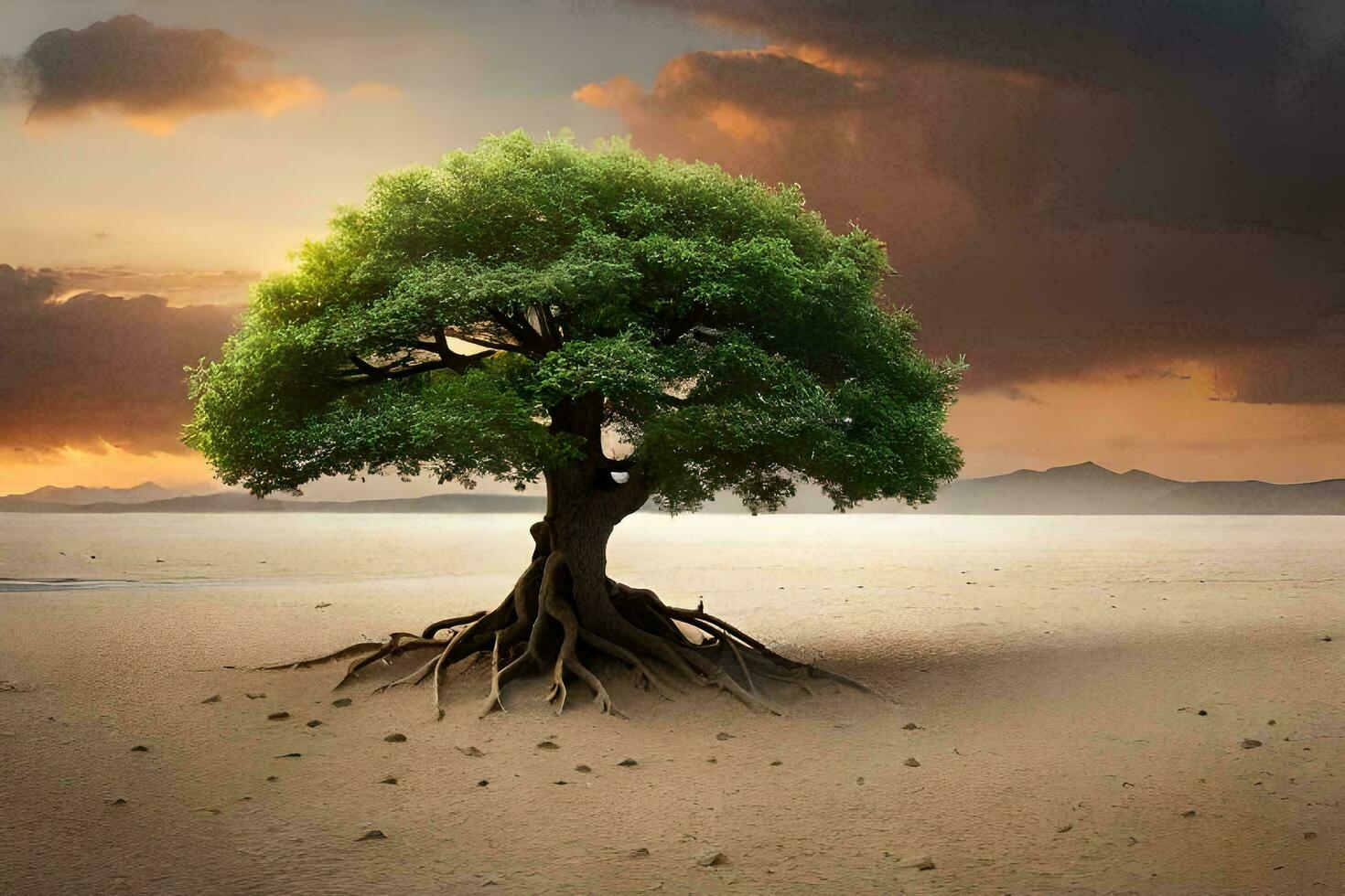 tree sunset in field with mountain and cloud photo