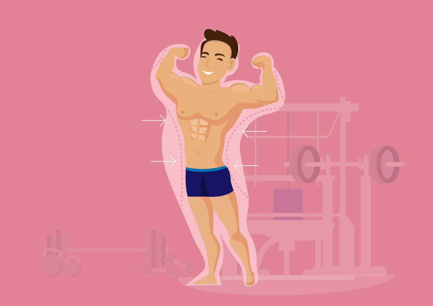 Happy man after exercise and diet loses weight according to arrows Let him achieve his intended goal. vector illustration