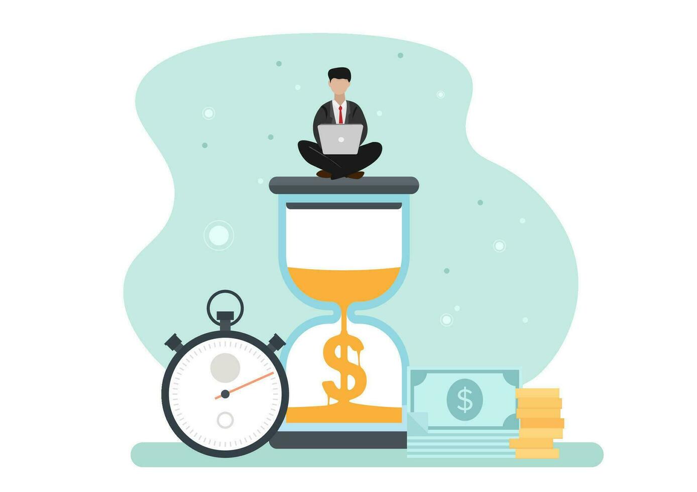 Entrepreneur sitting on the hourglass with laptop, business of time management and time is money vector