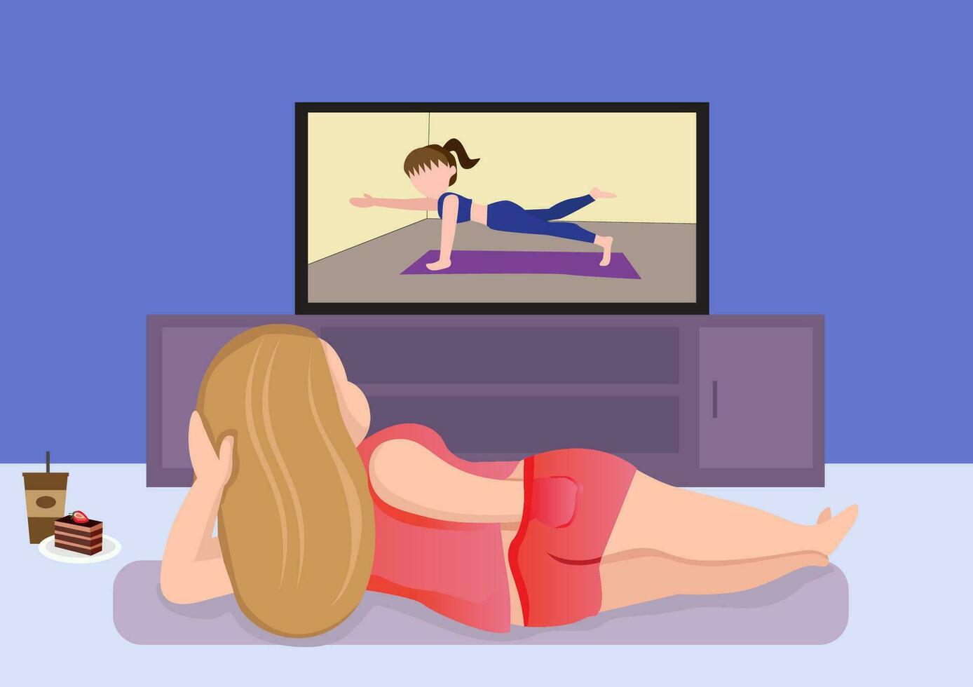 Fat girl laying down watching fitness teacher on her TV page. Illustration of a woman who wants to lose weight but can't vector
