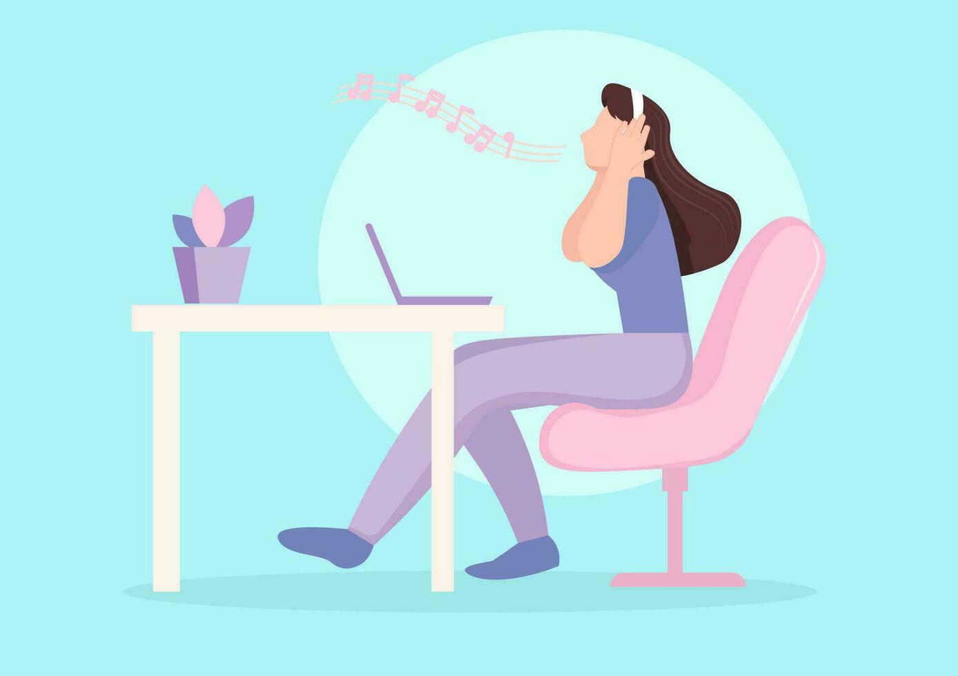 girl cheerful listening to music with headphones happy dance vector illustration