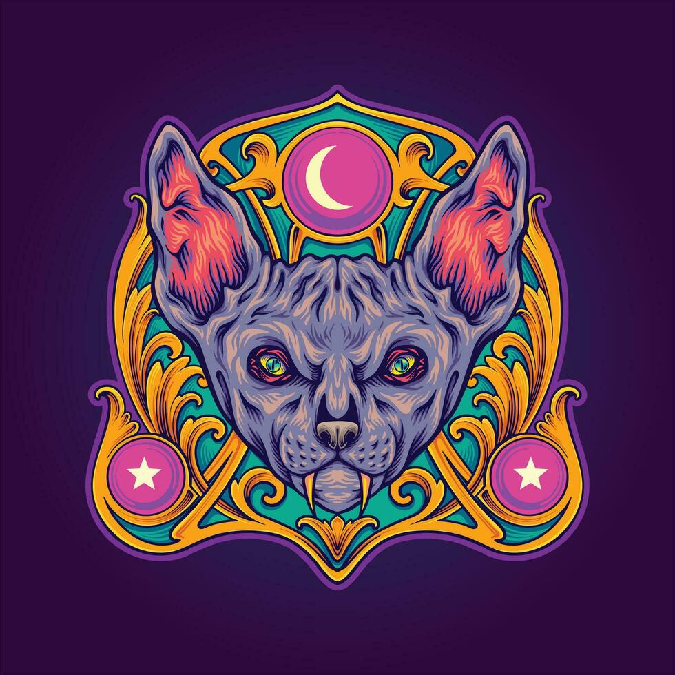 Sphynx cat god head with engraved ornament frame vector illustrations for your work logo, merchandise t-shirt, stickers and label designs, poster, greeting cards advertising business company